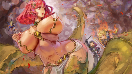 apode areola armor big_breasts blonde_hair breasts female group hair huge_breasts legless nipple_outline pink_hair serpentine split_form weapon kazo draconcopode human lamia mammal reptile scalie snake 16:9 hi_res widescreen