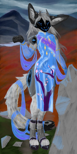 ambiguous_gender anthro blep blue_clothing chain clothing dress footwear gold_(metal) grey_body grey_hair hair high_heels horn inner_ear_fluff latex latex_clothing latex_dress long_hair machine platform_footwear platform_heels protogen_visor shoes silk solo tongue tongue_out translucent translucent_clothing tuft tundra evelyn_ivy protogen 1:2 hi_res
