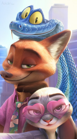 anthro blue_body blue_scales clothing eyewear female female_anthro feral fur glasses grey_body heart_glasses heart_sunglasses male male_anthro male_feral necktie on_model orange_body orange_fur pink_lens scales selfie serpentine smile smiling_at_viewer sunglasses askalin disney zootopia gary_de'snake judy_hopps nick_wilde american_red_fox canid canine european_rabbit fox lagomorph leporid mammal oryctolagus pit_viper rabbit red_fox reptile scalie snake true_fox viper 2025 digital_drawing_(artwork) digital_media_(artwork) hi_res