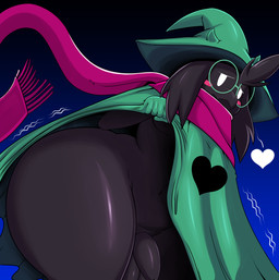 anthro balls biped black_body blush clothed clothing clothing_lift eyewear genitals glasses gradient_background green_clothing hat headgear headwear heart_symbol looking_at_viewer male no_underwear penis simple_background solo thick_thighs witch_hat nobody147 deltarune undertale_(series) ralsei bovid caprine mammal hi_res