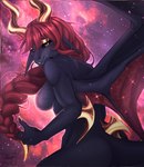 anthro breasts butt detailed_background featureless_breasts female hair horn looking_at_viewer membrane_(anatomy) membranous_wings nude smile solo tail wings kaisarreitz mythology dragon mythological_creature mythological_scalie scalie hi_res