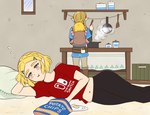 baby bed blonde_hair breasts chips_(food) clothed clothing cooking ear_piercing female food furniture group hair humanoid_pointy_ears kitchen_utensils light_body light_skin long_hair male not_furry piercing pillow pointy_ears potato_chips tools trio young teraichigo nintendo the_legend_of_zelda link princess_zelda elf humanoid hylian hi_res father_(lore) mother_(lore) parent_(lore) parent_and_child_(lore)