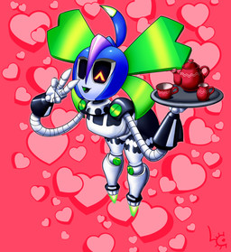 4_fingers antenna_hair blue_clothing blue_headwear bolt_(fastener) bow_ribbon clothing container cup curvy_figure female fingers gesture grey_body hair hand_gesture headgear headwear heart_symbol hovering jets legwear machine maid_uniform metallic_body noodle_arms open_mouth screen_eyes solo stockings tea_cup teapot tray uniform v_sign fuzzycogs alt_h34 humanoid robot robot_humanoid absurd_res hi_res