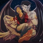 barefoot black_hair clothed clothing duo feet female hair humanoid_pointy_ears lipstick makeup male membrane_(anatomy) membranous_wings night not_furry pointy_ears soles toes wings scamwich disney gargoyles elisa_maza_(gargoyles) goliath_(gargoyles) gargoyle human humanoid mammal 1:1