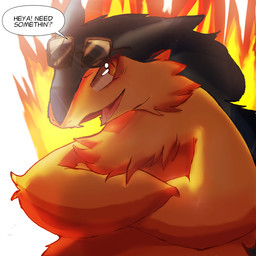 anthro blue_body blue_fur cheek_tuft dialogue eyewear facial_tuft fire fluffy fur light male neck_tuft open_mouth red_eyes simple_background solo speech_bubble sunglasses tan_body tan_fur text tuft white_background felipotyphlosion nintendo pokemon badger generation_2_pokemon mammal mustelid musteline pokemon_(species) typhlosion 1:1 hi_res lighting