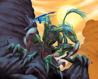 anthro armor bodypaint claws clothed clothing fin greaves invisible male red_eyes skinny solo sun khary_randolph chaotic bivike lizard mipedian reptile scalie official_art