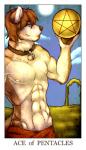 ace_of_pentacles_(tarot) anthro blue_eyes brown_body brown_fur brown_hair canid canine canis card card_template clothed clothing cloud collar connor_drake domestic_dog feralise fortune_telling fur hair husky lock male mammal minor_arcana muscular muscular_anthro muscular_male nipples nordic_sled_dog occult_symbol outside padlocked_collar pawpads pentacle pentacles_(tarot) sky solo spitz sun symbol tarot tarot_card topless white_body white_fur
