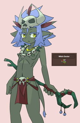 blue_hair bone bottomwear breasts cane clothed clothing female green_body hair holding_cane holding_object loincloth nipples skinny skull solo tail topless topless_female tribal yellow_eyes kiukiu terraria witch_doctor_(terraria) humanoid hi_res