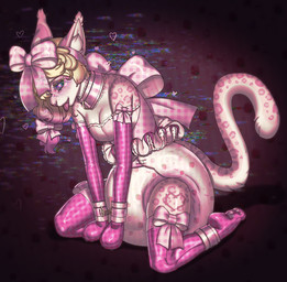 accessory anthro big_diaper blonde_hair bondage_gear bondage_gloves bow_ribbon brainwashing breasts cleavage clothed clothing collar cuff_(restraint) diaper hair hair_accessory hair_bow hair_ribbon handwear hypnosis kneeling legwear mind_control pattern_diaper pink_collar pink_stockings restraints ribbons shackles solo stockings tongue tongue_out arh gina_marie felid mammal pantherine snow_leopard hi_res intersex_(lore)