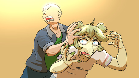 anthro bald biped blue_bottomwear blue_clothing blue_eyes blue_pants bottomwear breasts clothed clothed_anthro clothed_female clothed_human clothed_male clothing duo eyebrows female fingers front_view green_body green_clothing green_hair green_scales green_shirt green_topwear grey_clothing grey_jacket grey_topwear hair hair_bun hand_on_head humanoid_hands jacket long_hair male medium_breasts narrowed_eyebrows non-mammal_breasts open_clothing open_jacket open_mouth open_topwear pants pupils raised_inner_eyebrows scales scared shirt small_pupils topwear twin_buns white_clothing white_shirt white_topwear yelling fuegosonic93 cavemanon_studios goodbye_volcano_high ko_op_(game_developer) snoot_game anon_(snoot_game) stella_(gvh_beta) dinosaur human mammal ornithischian prehistoric_species reptile scalie stegosaurian stegosaurus thyreophoran 16:9 colored hi_res shaded widescreen