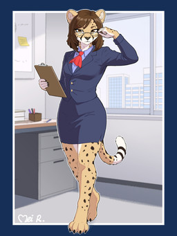 4_toes 5_fingers accessory amber_eyes anthro black_lips bottomwear clothing eyewear feet female fingers fur glasses holding_writing_utensil lips looking_at_viewer necktie office pencil_skirt shirt skirt solo standing tan_body tan_fur toes topwear meircmei cheetah felid feline mammal 3:4 alpha_channel