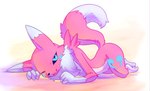 ambiguous_gender anthro black_sclera blue_eyes dipstick_ears ear_markings fur looking_at_viewer lying_on_ground multicolored_ears on_ground pink_body pink_fur solo symbol_on_thigh tail tuft white_body white_fur ancesra bandai_namco digimon fan_character reyna_(lamont786) digimon_(species) renamon 2018 hi_res