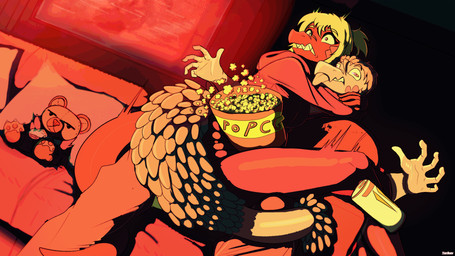 5_fingers anthro beverage_can blonde_hair clothing duo feathered_tail feathers female fingers food furniture grey_body grey_hair grey_scales hair hoodie hug inside long_tail male male/female on_sofa plushie popcorn purple_eyes red_body red_scales scales sharp_teeth short_hair snout sofa tail teeth text tongue tongue_out topwear watching_movie yeik_art cavemanon_studios fossil_fuel_(sg_mod) snoot_game allison_(fossil_fuel) jackie_(fossil_fuel) ankylosaurian ankylosaurid ankylosaurus baryonyx dinosaur dromaeosaurid feathered_dinosaur feathered_scalie hybrid ornithischian prehistoric_species reptile saurischian scalie spinosaurid theropod thyreophoran utahraptor 16:9 2025 4k absurd_res artist_name digital_drawing_(artwork) digital_media_(artwork) hi_res watermark widescreen