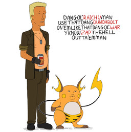 beverage blonde_hair boots can clothed clothing combat_boots container dog_tags duo fatigues feral fingerless_gloves footwear gloves gym_leader hair handwear holding_beer_can holding_beverage holding_can holding_container holding_object male military_uniform multicolored_body open_clothing open_shirt open_topwear orange_body shirt shoes simple_background speedo standing swimwear tail text topwear uniform what where_is_your_god_now white_background shittysurge king_of_the_hill nintendo pokemon bobby_hill jeff_boomhauer lt._surge generation_1_pokemon human mammal pokemon_(species) raichu english_text hi_res