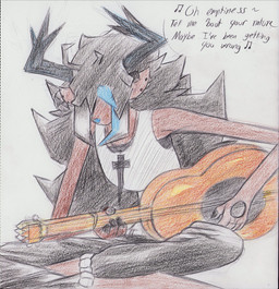 anthro antlers black_hair blue_highlights blue_nose bottomwear brown_body brown_fur clothing ear_piercing female fur guitar hair highlights_(coloring) horn jewelry musical_instrument necklace pants piercing playing_guitar playing_music plucked_string_instrument shirt singing solo string_instrument tank_top text topwear jazzmaster_j deltarune undertale_(series) dess_holiday deer mammal new_world_deer reindeer 2026 absurd_res hi_res sketch traditional_media_(artwork)