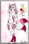 2_tails ambiguous_gender anthro belly black_sclera chest_tuft digitigrade featureless_crotch femboy fur inner_ear_fluff looking_at_viewer male markings multi_tail navel nude pecs pink_markings simple_background small_waist smile smiling_at_viewer solo striped_body striped_fur stripes tail tuft white_body white_fur wide_hips yellow_eyes deerwalker canid canine fox mammal flat_colors hi_res line_art model_sheet