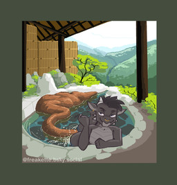 2_horns anthro bamboo black_body black_ears black_eyebrows black_hair black_scales black_tail blue_eyes border bubble closed_smile collarbone day ear_piercing ear_ring excessive_feces eyebrows facial_piercing facial_spikes feces flesh_fang grey_body grey_border grey_horn grey_inner_ear grey_scales hair horn hot_spring hyper hyper_feces jaw_spikes male male_anthro male_pooping mouth_closed multicolored_body multicolored_scales multiple_piercings nose_piercing nose_ring nude nude_anthro nude_male onsen outside partially_submerged piercing plant pooping pooping_into_water pupils ring_piercing rock scales septum_piercing septum_ring short_hair sky smile snout solo spikes spikes_(anatomy) tail tapering_tail text tree two_tone_body two_tone_scales ventral_scales water white_horn freakette messykobold kobold scalie 2026 hi_res url