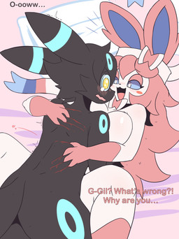 anthro bed blood blush bodily_fluids bow_ribbon breasts duo eyeshadow eyewear female furniture glasses hair holding_onto_partner intimate licking makeup male male/female male_on_top messy_hair on_top pain pillow pink_hair scratches shocked tail tears text tongue anonymous_artist nintendo pokemon gil_(lazegil) summer_(oreon_smol) eeveelution generation_2_pokemon generation_6_pokemon pokemon_(species) shiny_pokemon sylveon umbreon absurd_res hi_res