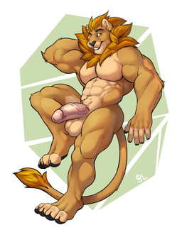 abs abstract_background anthro arm_tuft balls black_eyebrows black_nose black_pawpads elbow_tuft erection eyebrows fur genitals green_eyes grin humanoid_genitalia humanoid_penis knee_tuft leg_tuft looking_at_viewer male male_anthro mane muscular muscular_anthro muscular_male navel nude orange_body orange_fur orange_mane pawpads pecs penis pink_penis smile solo tail tail_tuft tan_balls tuft vein veiny_penis solaxe_(artist) felid lion mammal pantherine 3:4 absurd_res full-length_portrait hi_res portrait
