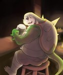 2016 alcohol anthro bar_stool beer belly beverage biceps biped bottomwear candle chesnaught clothing digital_media_(artwork) eyebrows furniture generation_6_pokemon looking_at_viewer looking_back looking_back_at_viewer male musclegut muscular muscular_anthro muscular_male nintendo pokemon pokemon_(species) rear_view red_eyes shell shorts slightly_chubby smile solo spikes stool tail tavern viridianvariant