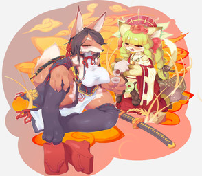 abstract_background alcohol anthro asian_clothing barefoot beads beverage big_breasts big_hands breasts brown_hair clothing drunk duo east_asian_clothing feet female footwear fur geta green_hair hair japanese_clothing katana kemono kimono legwear long_hair magatama melee_weapon miko_outfit multicolored_body multicolored_fur nipple_outline red_body red_fur sake sandals shoes socks stockings substance_intoxication sword tan_body tan_fur tongue two_tone_body two_tone_fur weapon sculpture_(artist) cyberconnect2 drecom full_bokko_heroes kushinadahime_(full_bokko_heroes) ogigayatsu_sadamasa_(full_bokko_heroes) canid canine domestic_cat felid feline felis fox mammal hi_res