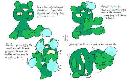 2_antennae 3_eyes 3_fingers 3_toes ambiguous_gender antennae_(anatomy) antennae_grab anthro arms_tied bodily_fluids bound disembodied_hand duo feet fingers green_antennae green_arms green_body green_eyes green_feet green_legs green_tail group lying multi_eye multicolored_text on_side plantigrade pupils sitting slit_pupils small_tail tail tears tickling tickling_feet toes tremble_lines trio wavy_mouth nomani_int32 pappara_(nomani_int32) alien 16:10 hi_res sequence widescreen