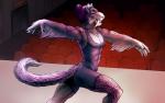 abs anthro athletic athletic_anthro athletic_male clothed clothing dancing ear_piercing fangs fur grey_body grey_fur hair leotard male monotone_clothing monotone_leotard piercing purple_hair sabertooth_(anatomy) solo spots teeth fralea chinchilla chinchillid felid hybrid mammal prehistoric_species rodent saber-toothed_tiger 2016