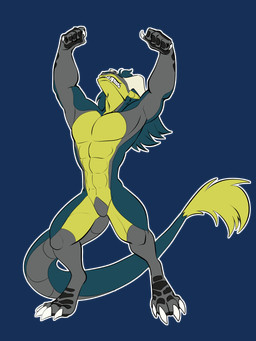 anthro celebration claws fangs green_body green_scales grey_body grey_scales horn male muscular paws pose scales smile solo tail tail_tuft teeth tuft yellow_body yellow_scales rtf-m mythology brom_(sahurus) dragon mythological_creature mythological_scalie scalie 3:4 alpha_channel hi_res
