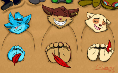 4_toes anthro blue_body blue_fur blush blush_lines bodily_fluids brown_body brown_fur buried buried_in_sand cheek_tuft ear_piercing ear_ring eyes_closed eyewear eyewear_on_head facial_tuft feet foot_fetish fur fur_tuft goggles goggles_on_head group loose_feather male multicolored_body multicolored_fur open_mouth open_smile piercing pink_nose red_loose_feather ring_piercing sand shoes_removed smile soles tears teeth tickle_fetish tickle_torture tickling tickling_feet tickling_toes toe_restraints toes toes_tied tongue trio tuft two_tone_body two_tone_fur white_body white_fur chaos99 league_of_legends riot_games tencent rumble_(lol) teemo_(lol) ziggs_(lol) yordle hi_res