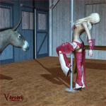 1:1 3d_(artwork) asinus barn blonde_hair breasts clothed clothing dancing digital_media_(artwork) donkey duo equid equine female feral hair hi_res human long_hair male mammal pole pole_dancing realistic_feral spurs topless vaesark