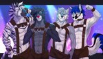 abs abstract_background anthro athletic biceps black_body black_fur black_nose blue_body blue_eyes blue_fur blue_hair bottomwear bulge clothed clothing collar fangs flexing fur green_eyes grey_body grey_fur group hair harness inner_ear_fluff leather leather_harness leather_strap lederhosen licking licking_lips looking_at_viewer male markings multicolored_body multicolored_fur muscular muscular_anthro muscular_male navel nightclub open_mouth pants pecs short_hair simple_background smile smirk standing straps striped_body striped_fur striped_markings stripes suspenders teeth tongue tongue_out topless tuft two_tone_body two_tone_fur underwear white_body white_fur dashing canid canine canis collie domestic_dog equid equine fox herding_dog island_fox mammal pastoral_dog sheepdog urocyon wolf zebra absurd_res digital_media_(artwork) hi_res