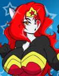 anthro big_breasts blue_eyes breasts chest_tuft cleavage clothed clothing cosplay female hair heterochromia huge_breasts long_hair looking_at_viewer muscular muscular_anthro muscular_female orange_eyes red_hair skimpy solo tuft mastergodai mramp dc_comics eliza_(mastergodai) wonder_woman domestic_cat felid feline felis mammal