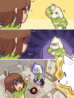 3_panel_comic ambiguous_gender anthro aura bedroom biped blush blush_stickers brown_hair closed_smile clothed clothing detailed_background duo_focus ellipsis eye_contact feral floppy_ears fur gesture glaring group hair hand_gesture head_tuft inside looking_at_another male mouth_closed open_mouth outside_panel pointing pointing_at_another pupils quadruped red_eyes scared scut_tail short_hair short_tail slit_pupils smile snout sparkles speech_bubble tail trio tuft white_body white_fur mafia-c among_us innersloth undertale undertale_(series) annoying_dog_(undertale) asriel_dreemurr chara_(undertale) togore_dreemurr boss_monster_(undertale) bovid canid canine canis caprine domestic_dog goat human mammal 2025 comic digital_drawing_(artwork) digital_media_(artwork) hi_res meme