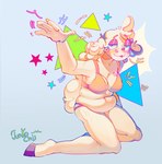 anthro bikini blush blush_lines clothing eyeliner female happy hooves makeup pink_eyes purple_hooves slightly_chubby slightly_chubby_female solo star stretch_marks swimwear tabs tongue tongue_out two-piece_swimsuit junkochi bovid caprine mammal sheep hi_res