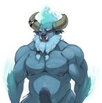 anthro beard blue_body blue_fur breaker ear_piercing facial_hair facial_piercing fur genitals horn humanoid_genitalia humanoid_penis jewelry male musclegut muscular nipples nose_piercing nose_ring nude penis piercing red_eyes ring_piercing simple_background solo standing white_background gutsout_(artist) dota valve barathrum_the_spirit_breaker bovid bovine cattle mammal hi_res