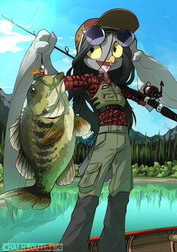 anthro boat bottomwear cargo_pants clothed clothing eyewear eyewear_on_head feral fin fishing fishing_lure fishing_rod flannel hair hat headgear headwear holding_fish lake life_jacket long_hair male mountain pants solo sunglasses sunglasses_on_head vehicle watercraft chalk_outline hill_(chalk_outline) avian bird corvid corvus_(genus) crow largemouth_bass oscine passerine absurd_res hi_res