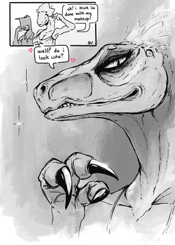 anthro breasts close-up dialogue duo female heart_symbol male non-mammal_breasts realistic_style text deltav anon dinosaur dromaeosaurid human mammal prehistoric_species reptile scalie theropod detailed english_text hi_res