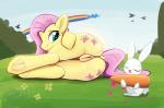 2016 ambiguous_gender angel_(mlp) butt carrot cutie_mark dock_(anatomy) duo_focus equid equine eyes_closed female feral fluttershy_(mlp) food friendship_is_magic genitals group hair hasbro hi_res hooves horse lagomorph leporid lying mammal my_little_pony outside pink_hair plant pony pony-butt-express pussy rabbit rainbow tail underhoof vegetable