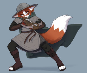 anthro armor arrow_(weapon) biped boots brown_body brown_fur brown_hair cape chainmail clothing feet footwear fur gambeson grey_background hair headgear helmet heterochromia holding_crossbow kettle_helmet male ranged_weapon shoes simple_background solo standing tail weapon 6my canid canine fox mammal 2025 digital_media_(artwork) hi_res