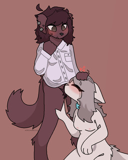 anthro birthmark blush bodily_fluids breasts brown_body brown_fur brown_hair clothing collar cunnilingus duo ear_piercing eyes_closed female floppy_ears fur grey_hair hair headpat markings oral piercing pubes sex shirt swallowing sweat t4t tail topwear vaginal white_body white_clothing white_dress_shirt white_fur white_shirt white_topwear ashblondekittyy rex_(ashblondekittyy) yuna_(ashblondekitty) canid canine canis domestic_cat domestic_dog felid feline felis mammal 4:5 trans_(lore) trans_man_(lore) trans_woman_(lore)