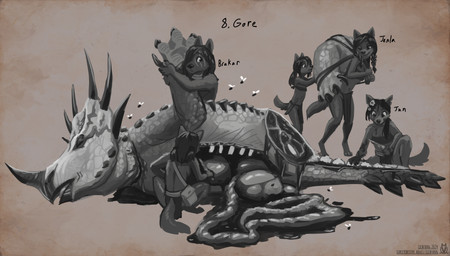 accessory age_difference ambiguous_gender anthro bag biped black_hair black_nose blood bodily_fluids bottomwear clothed clothing corpse crouching disembowelment eyebrows facial_horn female feral flower flower_in_hair fur gore grey_body grey_fur group guts hair hair_accessory hair_over_eye head_crest holding_knife holding_object horn knife larger_female larger_feral larger_male loincloth long_hair looking_at_another male nose_horn older_female older_male organs plant ponytail quadruped simple_background size_difference smaller_anthro smaller_female topwear tube_top young young_anthro young_female lichfang diana_(lichfang) ambient_arthropod ambient_fly ambient_insect canid canine canis ceratopsian ceratopsid chasmosaurine dinosaur mammal marginocephalian ornithischian prehistoric_species reptile scalie triceratops wolf 2024 absurd_res greyscale hi_res monochrome sketch