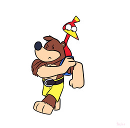 angry backpack belt bottomwear brown_body brown_fur clothed clothing duo feathers female fur humor jewelry looking_down male necklace red_body red_feathers rolled_up_sleeves shorts simple_background topless walking white_background skelly_doll banjo-kazooie rareware banjo_(banjo-kazooie) kazooie avian bear breegull mammal 2019 hi_res sketch