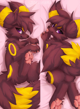 blep body_pillow brown_body brown_fur brown_nose butt claws dakimakura dakimakura_pillow female feral fluffy fur fur_markings hair looking_at_viewer looking_back looking_back_at_viewer lying markings pawpads pillow purple_eyes rear_view short_hair smile solo tongue tongue_out yellow_body yellow_fur joeumbre nintendo pokemon rita_(joeumbre) canid canine eeveelution generation_2_pokemon mammal pokemon_(species) umbreon absurd_res dakimakura_design hi_res