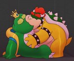 anthro belly crown duo eyes_closed green_body headgear kissing male male/male overweight overweight_male sitting white_body leothelionel mario_bros nintendo super_mario_bros._2 bowser wart_(mario) amphibian frog koopa scalie 2021