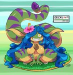 anthro blue_hair crouching female flower grass hair looking_at_viewer musical_instrument navel nude nude_anthro ocarina plant smile solo stripes teeth text wind_instrument yellow_eyes chalo geecku gecko lizard reptile scalie 2024 hi_res