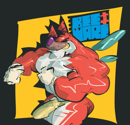 anthro barazoku clothing dark_sclera flexing gloves grin handwear male simple_background smile solo standing thong underwear wetyuip everything_is_crab beeware++ arthropod canid canine humanoid hybrid insect mammal absurd_res half-length_portrait hi_res portrait