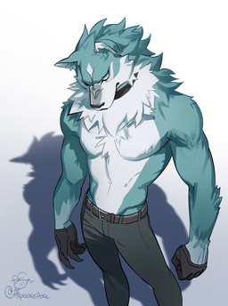 5_fingers anthro athletic athletic_anthro athletic_male belt blue_body blue_eyes blue_fur bottomwear cheek_tuft claws clothed clothing collar facial_tuft fingers fist fluffy fur gloves handwear inner_ear_fluff looking_at_viewer male multicolored_body multicolored_fur muscular muscular_male navel pecs shadow simple_background solo topless tuft white_body white_fur pocketbee brand_new_animal mythology studio_trigger shirou_ogami canid canine canis mammal mythological_canine mythological_creature werecanid werecanine werecreature werewolf wolf 2020 digital_media_(artwork) hi_res
