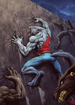 angry anthro attack biceps big_muscles black_nose bodily_fluids bottomwear brown_body brown_fur climbing climbing_wall clothed clothing cloud digitigrade dirt ear_piercing fangs fur grey_body grey_eyes grey_fur group howl legband looking_at_viewer male muscular muscular_male night no_pupils open_mouth outside pants piercing rear_view saliva sharp_teeth shirt short teeth topless topwear torn_clothing white_eyes yellow_teeth unknown_artist mythology canid canine canis mammal mythological_canine mythological_creature werecanid werecanine werecreature werewolf wolf detailed digital_media_(artwork)