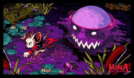 3_toes 4_fingers anthro barefoot being_watched black_border border bottomless cattail_(plant) clothed clothing coat detailed_background determined empty_eyes feet female fingers flower fur lily_pad logo looking_at_another notched_ear outside partially_submerged pier plant running splash stalking swamp tail toes topwear water white_body white_fur morgan_guyer mina_the_hollower yacht_club_games mina_(mina_the_hollower) mock_moon_(mina_the_hollower) animate_inanimate arthropod insect living_planet mammal monster mouse murid murine rodent digital_media_(artwork) hi_res official_art