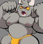 anthro biceps bulge clothing fur grey_body grey_fur horn male musclegut muscular muscular_anthro muscular_male nipples pecs red_eyes solo thong tusks underwear yellow_sclera wi_tolo kings_of_hell enfer_belial bovid caprine demon goat mammal